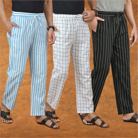 COMBO OF 3 MEN STRIPE COTTON HANDLOOM PANT BLACK WHITE AND SKY BLUE