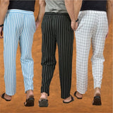 COMBO OF 3 MEN STRIPE COTTON HANDLOOM PANT BLACK WHITE AND SKY BLUE