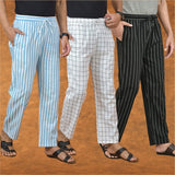 COMBO OF 3 MEN STRIPE COTTON HANDLOOM PANT BLACK WHITE AND SKY BLUE