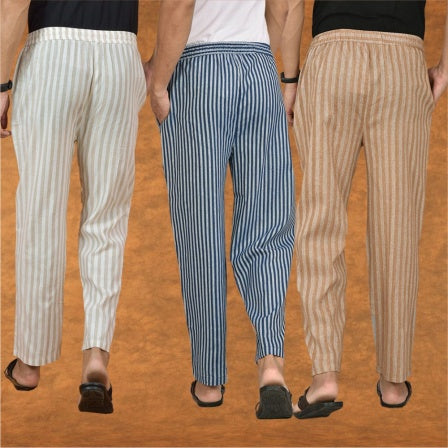 COMBO OF 3 MEN STRIPE COTTON HANDLOOM PANT BLUE BEIGE AND BEIGE