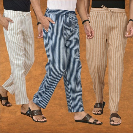 COMBO OF 3 MEN STRIPE COTTON HANDLOOM PANT BLUE BEIGE AND BEIGE