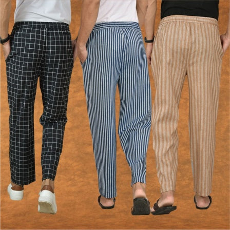 COMBO OF 3 MEN STRIPE COTTON HANDLOOM PANT BLUE BEIGE AND BLACK