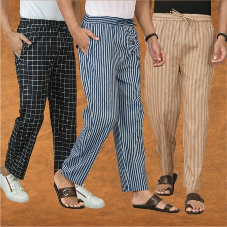 COMBO OF 3 MEN STRIPE COTTON HANDLOOM PANT BLUE BEIGE AND BLACK