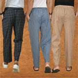 COMBO OF 3 MEN STRIPE COTTON HANDLOOM PANT BLUE BEIGE AND BLACK