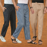 COMBO OF 3 MEN STRIPE COTTON HANDLOOM PANT BLUE BEIGE AND BLACK