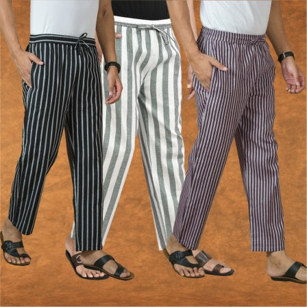 COMBO OF 3 MEN STRIPE COTTON HANDLOOM PANT BLUE BEIGE AND BLACK