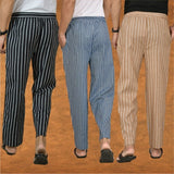 COMBO OF 3 MEN STRIPE COTTON HANDLOOM PANT BLUE BEIGE AND BLACK