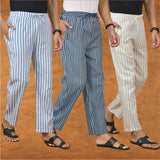 COMBO OF 3 MEN STRIPE COTTON HANDLOOM PANT BLUE BEIGE AND BLUE