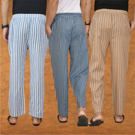 COMBO OF 3 MEN STRIPE COTTON HANDLOOM PANT BLUE BEIGE AND BLUE