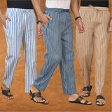 COMBO OF 3 MEN STRIPE COTTON HANDLOOM PANT BLUE BEIGE AND BLUE