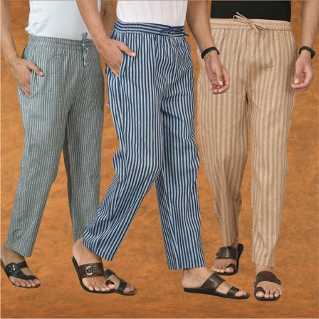 COMBO OF 3 MEN STRIPE COTTON HANDLOOM PANT BLUE BEIGE AND GRAY-
