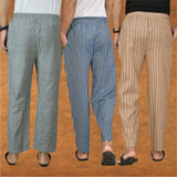 COMBO OF 3 MEN STRIPE COTTON HANDLOOM PANT BLUE BEIGE AND GRAY-