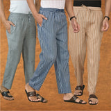 COMBO OF 3 MEN STRIPE COTTON HANDLOOM PANT BLUE BEIGE AND GRAY-