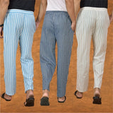 COMBO OF 3 MEN STRIPE COTTON HANDLOOM PANT BLUE BEIGE AND SKY BLUE