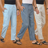 COMBO OF 3 MEN STRIPE COTTON HANDLOOM PANT BLUE BEIGE AND SKY BLUE