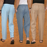 COMBO OF 3 MEN STRIPE COTTON HANDLOOM PANT BLUE BEIGE AND SKY BLUE