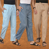 COMBO OF 3 MEN STRIPE COTTON HANDLOOM PANT BLUE BEIGE AND SKY BLUE