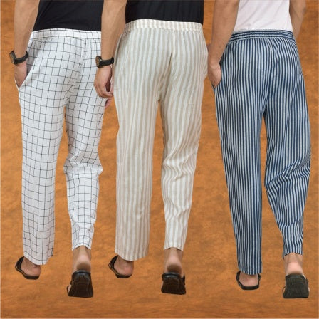 COMBO OF 3 MEN STRIPE COTTON HANDLOOM PANT BLUE BEIGE AND WHITE