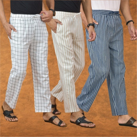 COMBO OF 3 MEN STRIPE COTTON HANDLOOM PANT BLUE BEIGE AND WHITE