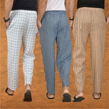 COMBO OF 3 MEN STRIPE COTTON HANDLOOM PANT BLUE BEIGE AND WHITE