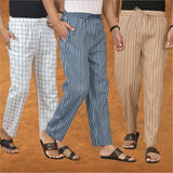 COMBO OF 3 MEN STRIPE COTTON HANDLOOM PANT BLUE BEIGE AND WHITE