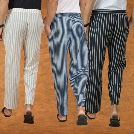 COMBO OF 3 MEN STRIPE COTTON HANDLOOM PANT BLUE BLACK AND BEIGE