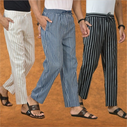 COMBO OF 3 MEN STRIPE COTTON HANDLOOM PANT BLUE BLACK AND BEIGE