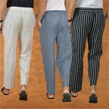 COMBO OF 3 MEN STRIPE COTTON HANDLOOM PANT BLUE BLACK AND BEIGE