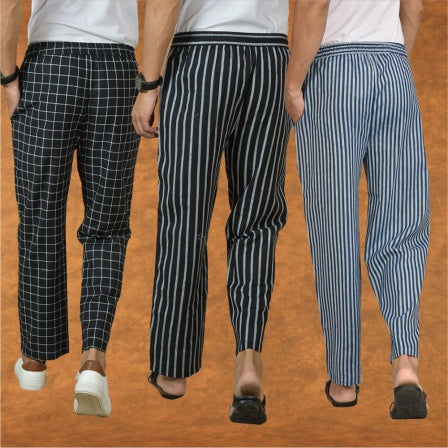 COMBO OF 3 MEN STRIPE COTTON HANDLOOM PANT BLUE BLACK AND BLACK