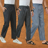 COMBO OF 3 MEN STRIPE COTTON HANDLOOM PANT BLUE BLACK AND BLACK