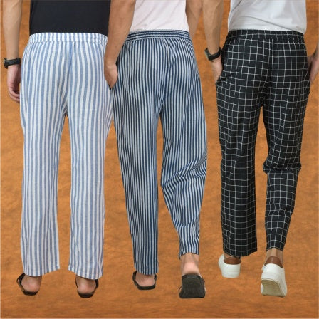 COMBO OF 3 MEN STRIPE COTTON HANDLOOM PANT BLUE BLACK AND BLUE