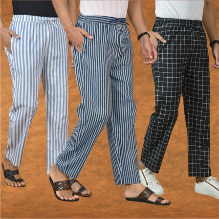 COMBO OF 3 MEN STRIPE COTTON HANDLOOM PANT BLUE BLACK AND BLUE