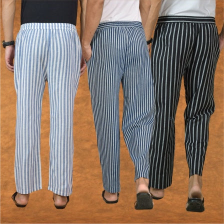 COMBO OF 3 MEN STRIPE COTTON HANDLOOM PANT BLUE BLACK AND BLUE