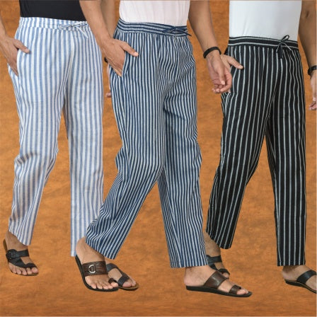COMBO OF 3 MEN STRIPE COTTON HANDLOOM PANT BLUE BLACK AND BLUE