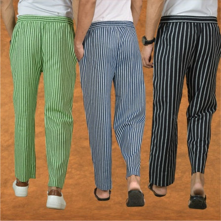 COMBO OF 3 MEN STRIPE COTTON HANDLOOM PANT BLUE BLACK AND OLIVE GREEN