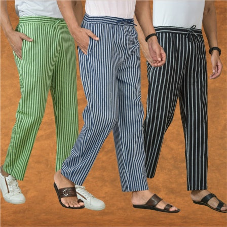 COMBO OF 3 MEN STRIPE COTTON HANDLOOM PANT BLUE BLACK AND OLIVE GREEN