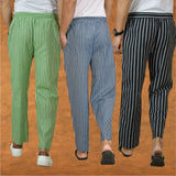 COMBO OF 3 MEN STRIPE COTTON HANDLOOM PANT BLUE BLACK AND OLIVE GREEN