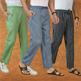 COMBO OF 3 MEN STRIPE COTTON HANDLOOM PANT BLUE BLACK AND OLIVE GREEN