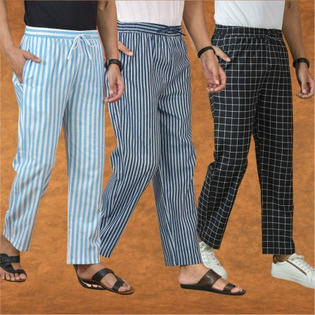 COMBO OF 3 MEN STRIPE COTTON HANDLOOM PANT BLUE BLACK AND SKY BLUE