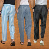 COMBO OF 3 MEN STRIPE COTTON HANDLOOM PANT BLUE BLACK AND SKY BLUE