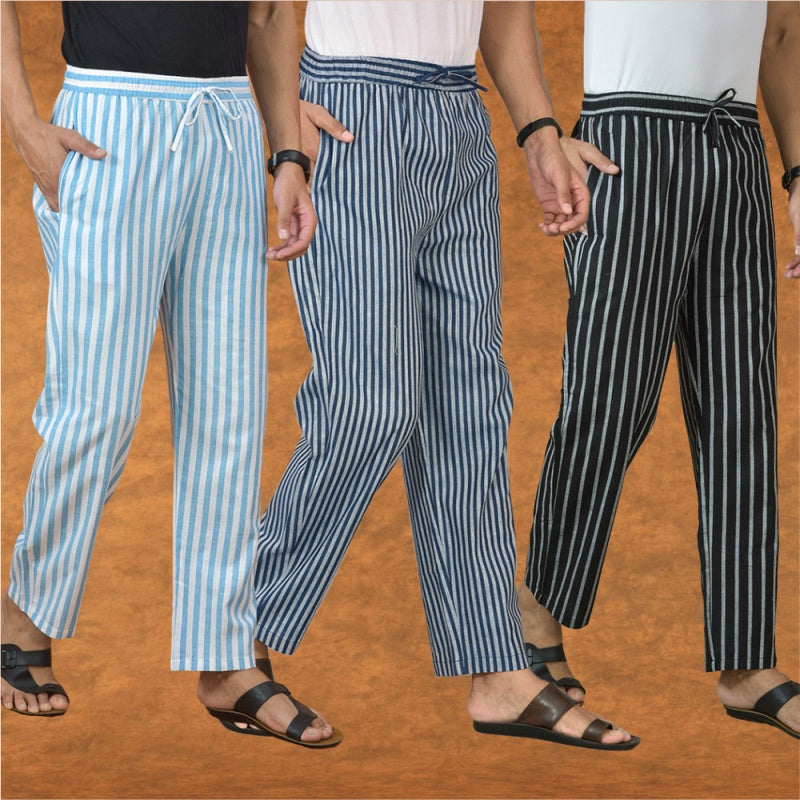 COMBO OF 3 MEN STRIPE COTTON HANDLOOM PANT BLUE BLACK AND SKY BLUE