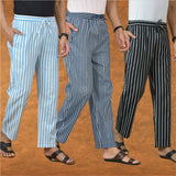 COMBO OF 3 MEN STRIPE COTTON HANDLOOM PANT BLUE BLACK AND SKY BLUE