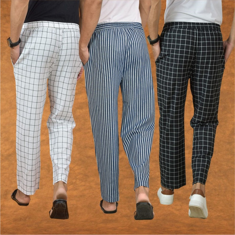 COMBO OF 3 MEN STRIPE COTTON HANDLOOM PANT BLUE BLACK AND WHITE