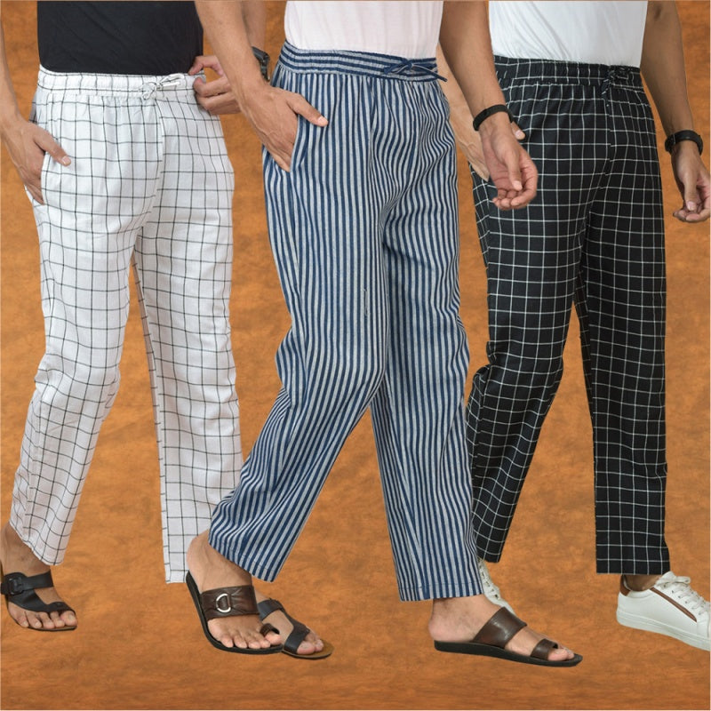 COMBO OF 3 MEN STRIPE COTTON HANDLOOM PANT BLUE BLACK AND WHITE