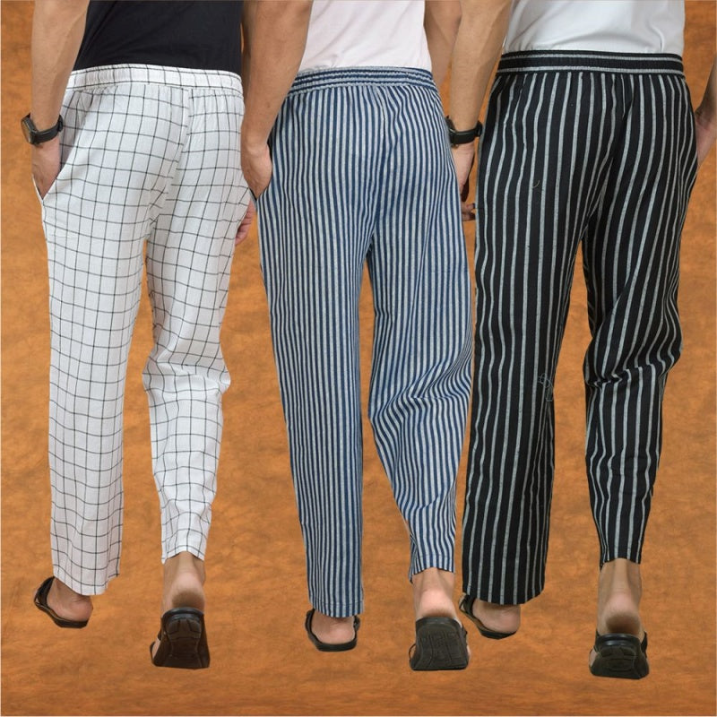 COMBO OF 3 MEN STRIPE COTTON HANDLOOM PANT BLUE BLACK AND WHITE