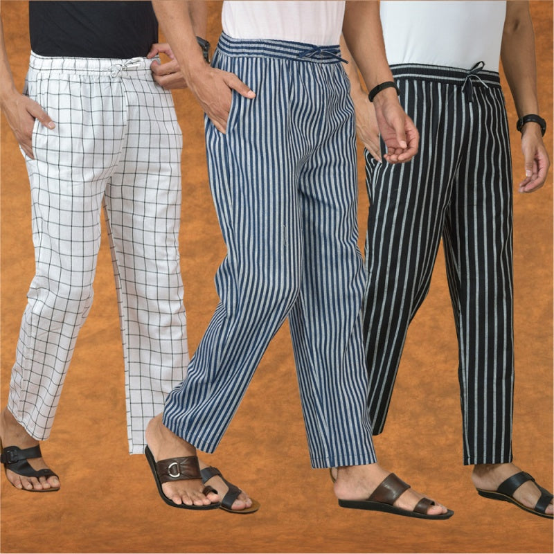 COMBO OF 3 MEN STRIPE COTTON HANDLOOM PANT BLUE BLACK AND WHITE