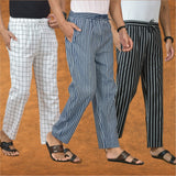 COMBO OF 3 MEN STRIPE COTTON HANDLOOM PANT BLUE BLACK AND WHITE
