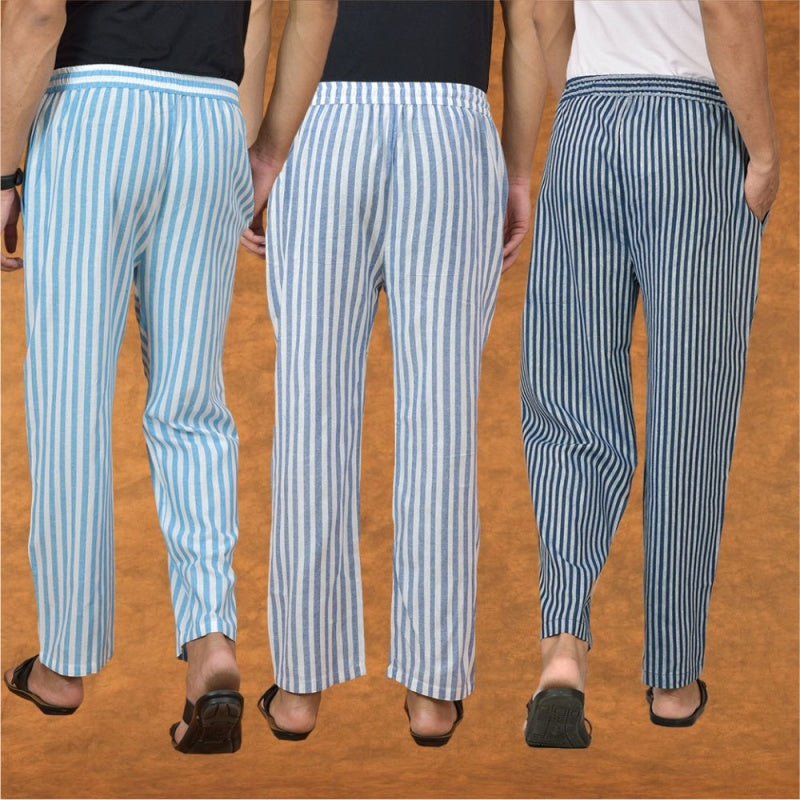 COMBO OF 3 MEN STRIPE COTTON HANDLOOM PANT BLUE BLUE AND SKY BLUE