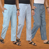 COMBO OF 3 MEN STRIPE COTTON HANDLOOM PANT BLUE BLUE AND SKY BLUE