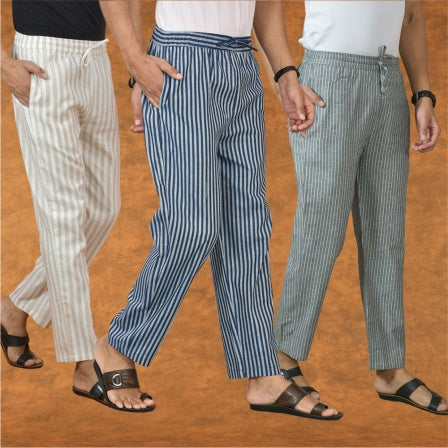 COMBO OF 3 MEN STRIPE COTTON HANDLOOM PANT BLUE GRAY AND BEIGE